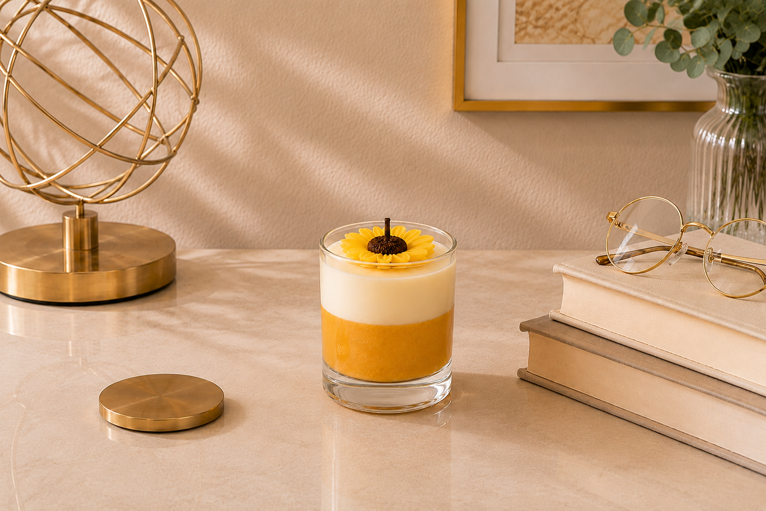 Vela Aromática Girassol em recipiente de vidro transparente, composta por uma camada inferior em tom amarelo dourado e uma camada superior de cera branca cremosa. No topo, um delicado girassol artesanal serve como destaque decorativo. A vela está posicionada sobre uma superfície clara em ambiente sofisticado, acompanhada por livros decorativos, objeto metálico dourado, vaso com folhagens e iluminação natural suave, transmitindo elegância, aconchego e bem-estar.