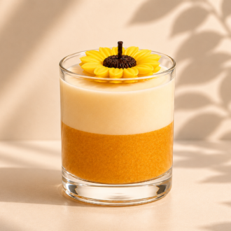 Vela Aromática Girassol em recipiente de vidro transparente, composta por uma camada inferior em tom amarelo dourado e uma camada superior de cera branca cremosa. No topo, um delicado girassol artesanal em relevo serve como destaque decorativo. A fotografia apresenta fundo bege suave com sombras naturais de folhagens, iluminação delicada e atmosfera acolhedora, ressaltando os detalhes da vela e sua estética elegante.