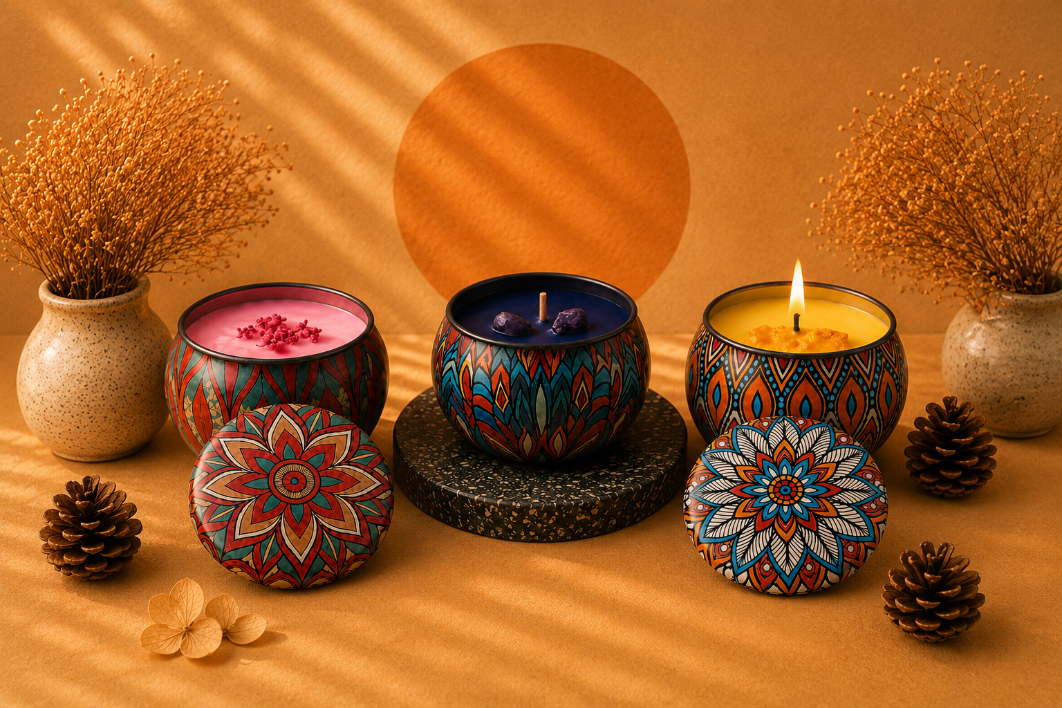 Conjunto de velas aromáticas em latas decorativas com estampas coloridas em estilo mandala, apresentadas em composição elegante sobre fundo quente com elementos naturais e iluminação aconchegante.
