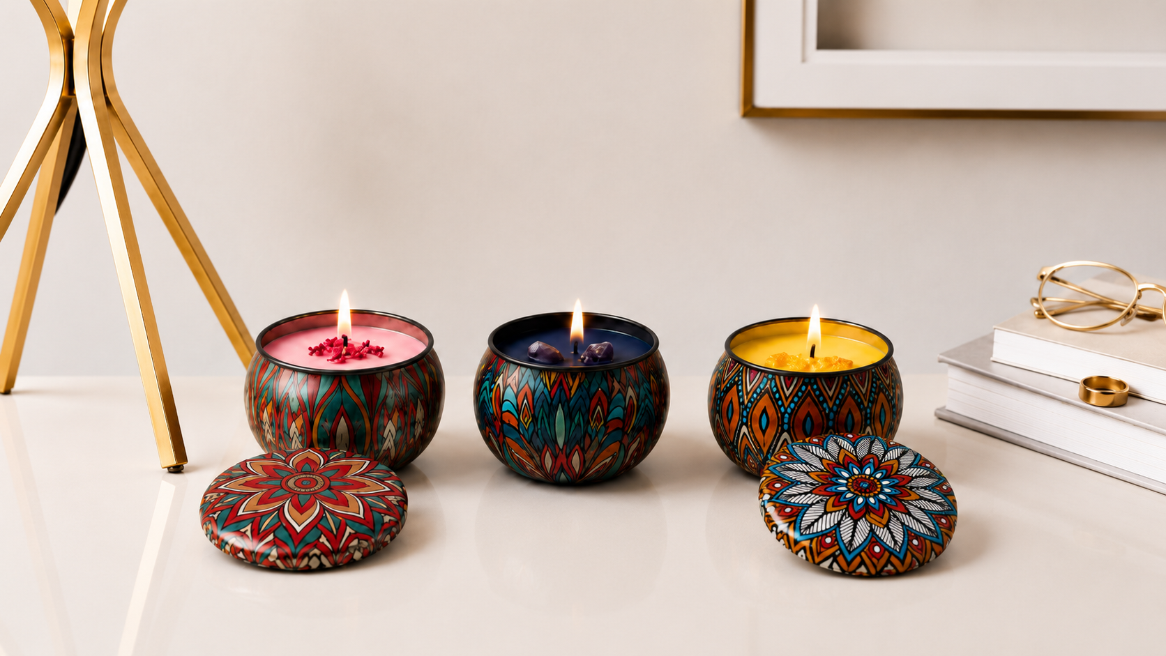 Conjunto de velas aromáticas em latas decorativas estampadas, com chamas acesas e tampas personalizadas posicionadas à frente, em ambiente sofisticado com detalhes dourados e decoração minimalista.