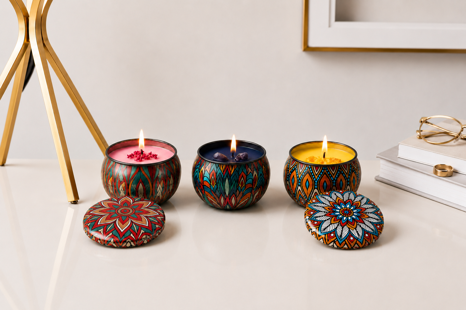Conjunto de velas aromáticas em latas decorativas estampadas com mandalas coloridas, acesas e acompanhadas de tampas personalizadas, em ambiente elegante com detalhes dourados e decoração minimalista.