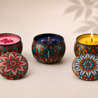 Trio de velas aromáticas em latas decorativas com estampas inspiradas em mandalas coloridas, acompanhadas de tampas personalizadas e apresentadas sobre fundo claro com sombras suaves e atmosfera elegante.