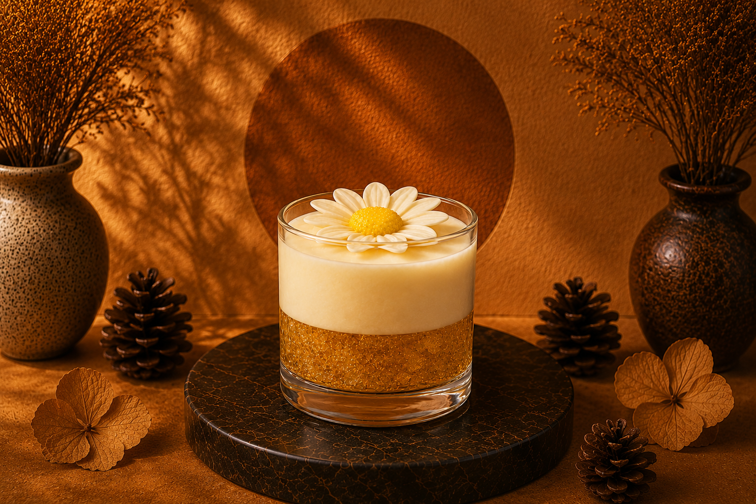 Vela Aromática Margarida artesanal em copo de vidro transparente, composta por uma camada inferior dourada com efeito cristalizado e uma camada superior em tom creme suave. No topo, uma delicada margarida branca com centro amarelo adiciona charme e elegância à peça. A composição transmite leveza, aconchego e sofisticação, tornando a vela um elemento decorativo encantador para diversos ambientes.