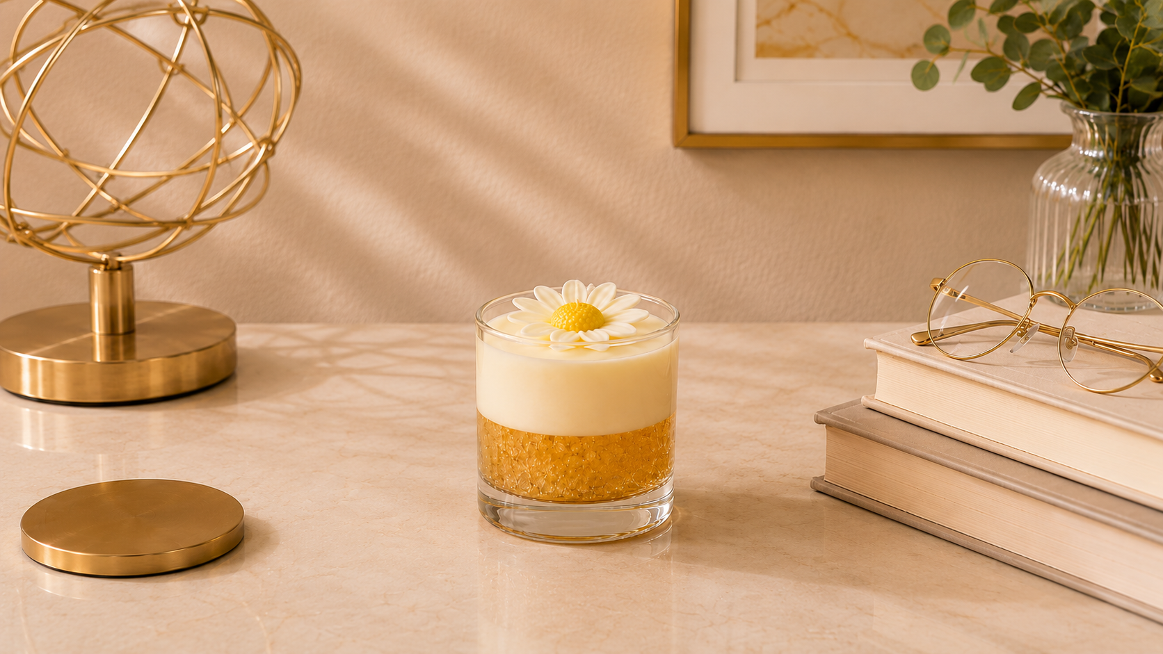 Vela Aromática Margarida artesanal em copo de vidro transparente, composta por uma camada inferior dourada com acabamento cristalizado e uma camada superior em tom creme suave. No topo, uma delicada margarida branca com centro amarelo complementa o design. A vela está posicionada sobre uma superfície clara em um ambiente sofisticado, com elementos decorativos dourados, livros e folhagens ao fundo, transmitindo elegância e aconchego.