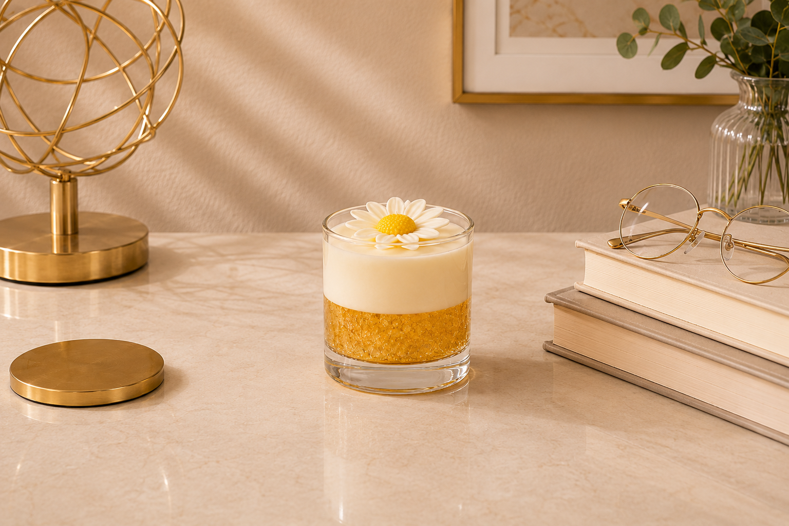 Vela Aromática Margarida artesanal em copo de vidro transparente, composta por uma camada inferior dourada com acabamento cristalizado e uma camada superior em tom creme suave. No topo, uma delicada margarida branca com centro amarelo complementa o design. A vela está posicionada sobre uma superfície clara em um ambiente sofisticado, com elementos decorativos dourados, livros e folhagens ao fundo, transmitindo elegância e aconchego.