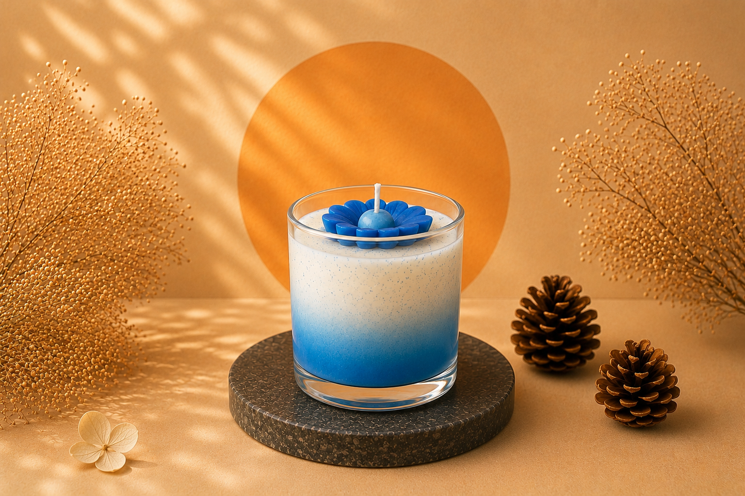 Vela Aromática Margarida Azul artesanal em copo de vidro transparente, com degradê em tons de azul e branco e delicada margarida azul decorativa no topo, apresentada em cenário elegante com iluminação quente e elementos naturais.
