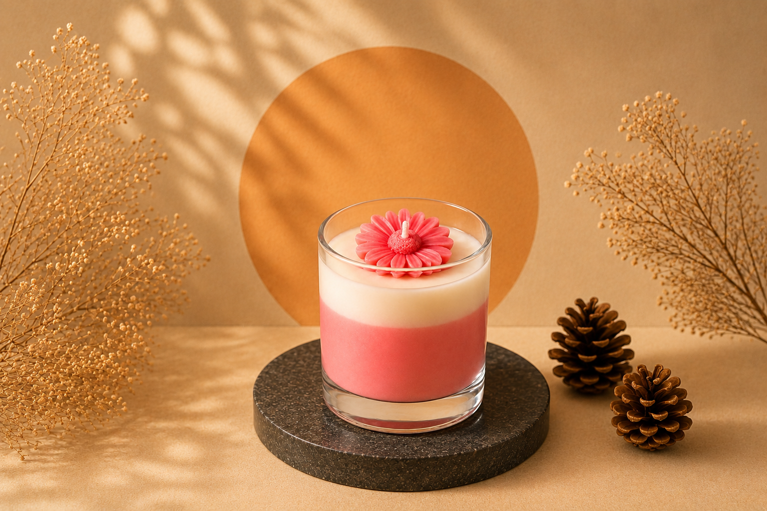 Vela Aromática Margarida Rosé artesanal em copo de vidro transparente, com elegante composição em tons de rosa e branco e delicada margarida rosé decorativa no topo, apresentada em cenário sofisticado com iluminação suave e elementos naturais.