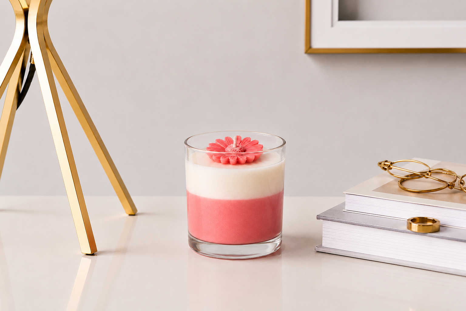 Vela Aromática Margarida Rosé em copo de vidro transparente, com camadas em tons rosé e branco e margarida esculpida em cera no topo, posicionada sobre uma mesa clara em ambiente decorativo sofisticado com detalhes dourados e livros ao fundo.