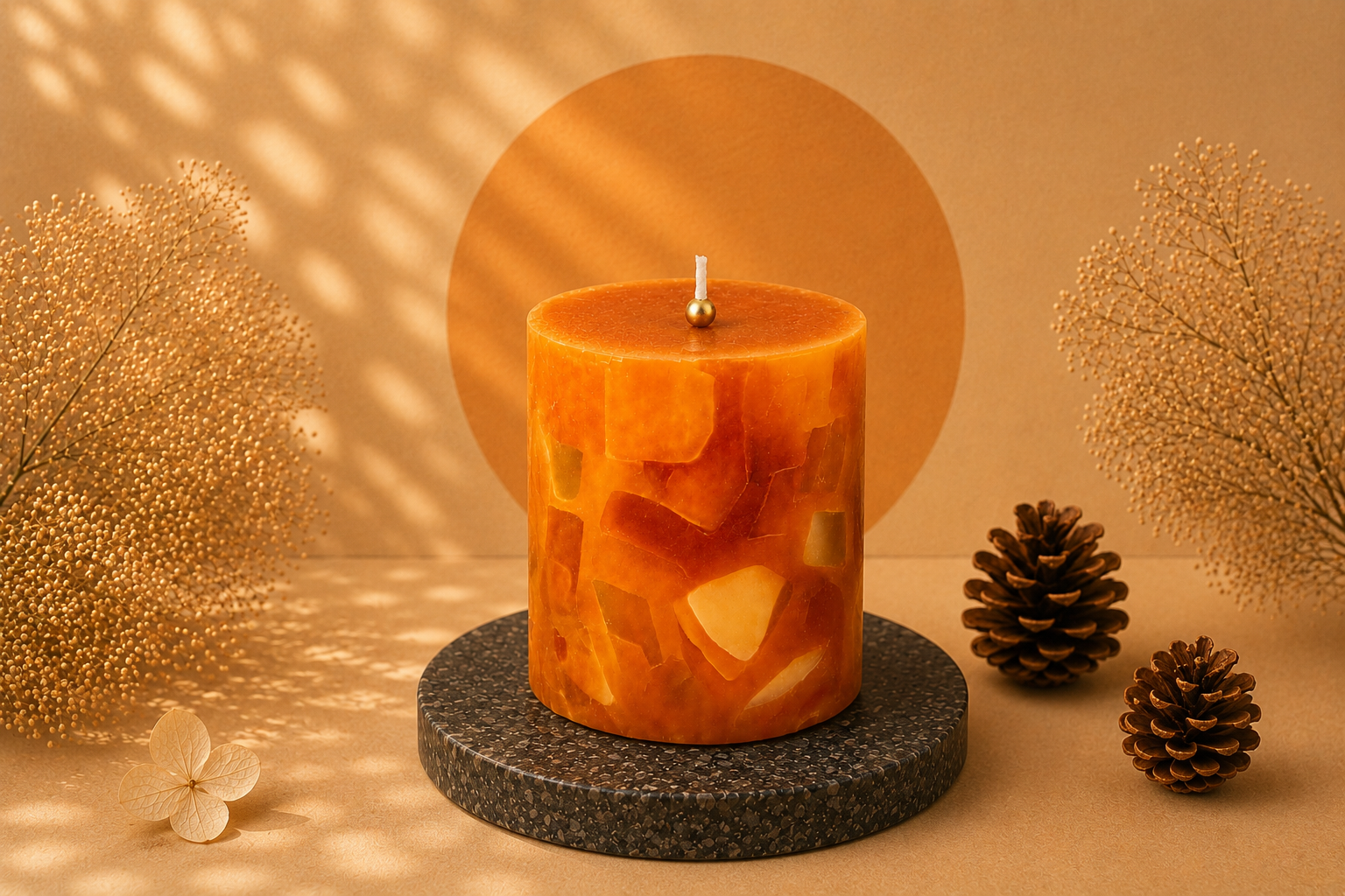 Vela Aromática Mosaico artesanal em formato cilíndrico, composta por fragmentos decorativos em tons quentes de âmbar, laranja e dourado, apresentada em cenário elegante com iluminação suave e elementos naturais.