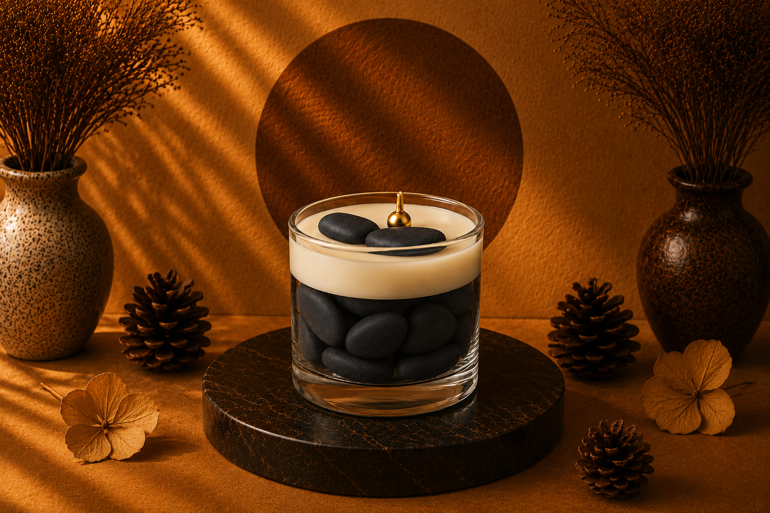 Vela Aromática Quartzo Azul em recipiente de vidro transparente preenchido com pedras decorativas escuras e camada superior de cera cremosa. A vela possui pavio metálico dourado centralizado e está apresentada sobre uma base circular de mármore escuro. A composição inclui vasos decorativos, pinhas e flores secas em tons terrosos, com fundo quente em nuances de dourado e iluminação suave que cria uma atmosfera sofisticada, acolhedora e elegante.