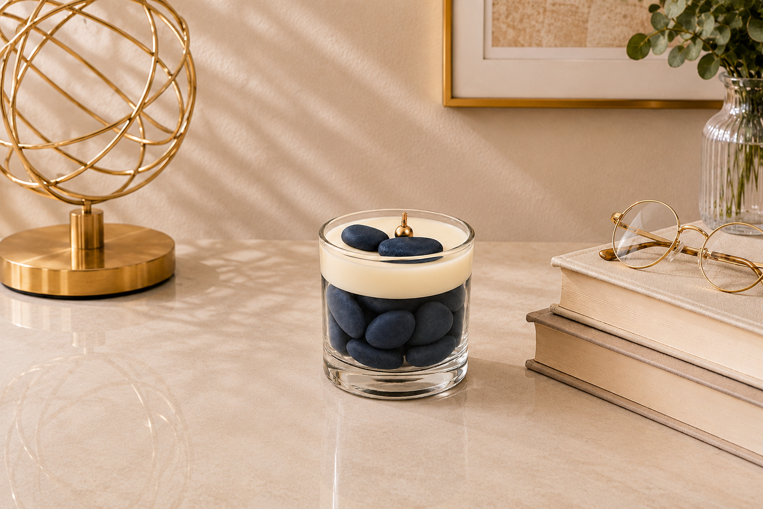 Vela Aromática Quartzo Azul em recipiente de vidro transparente, preenchido com pedras decorativas em tom azul profundo e finalizada com uma camada superior de cera cremosa. A vela possui pavio metálico dourado centralizado e está posicionada sobre uma elegante superfície clara. Ao redor da composição aparecem livros em tons neutros, óculos de armação dourada, objeto decorativo metálico e folhagens delicadas, criando uma atmosfera sofisticada, acolhedora e contemporânea.