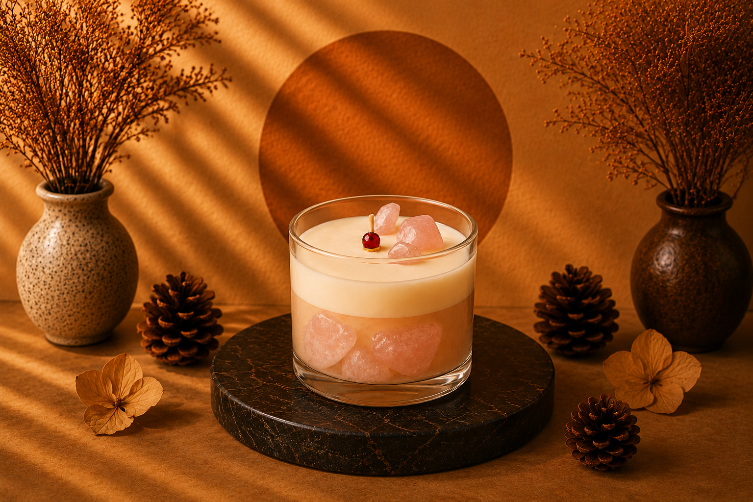 Vela Aromática Quartzo Rosa em recipiente de vidro transparente, composta por uma camada superior de cera cremosa e uma base em tom rosado com cristais decorativos de quartzo rosa. A vela está posicionada sobre uma base circular escura em um cenário sofisticado com fundo quente em tons dourados, vasos decorativos, pinhas e iluminação suave que transmite aconchego, delicadeza e elegância.