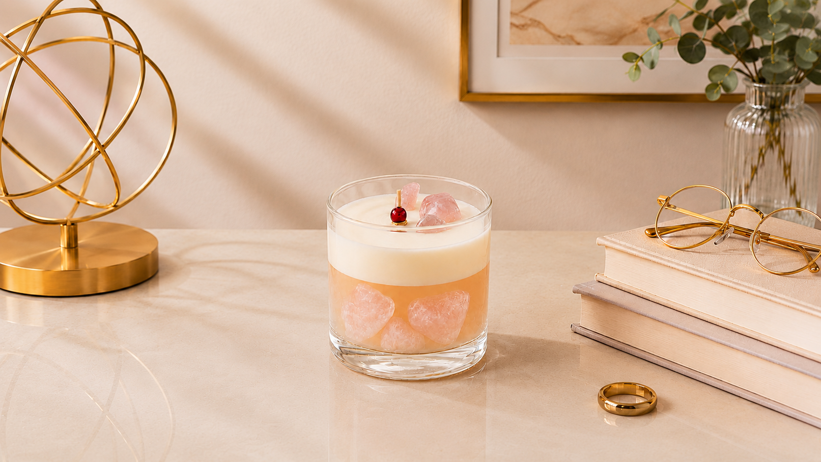 Vela Aromática Quartzo Rosa em recipiente de vidro transparente, composta por uma camada superior de cera cremosa e uma base em tom rosado com cristais decorativos de quartzo rosa. A vela está posicionada sobre uma superfície elegante em um ambiente sofisticado com livros, óculos dourados, vaso com folhagens e elementos decorativos em tons neutros, transmitindo delicadeza, aconchego e requinte.