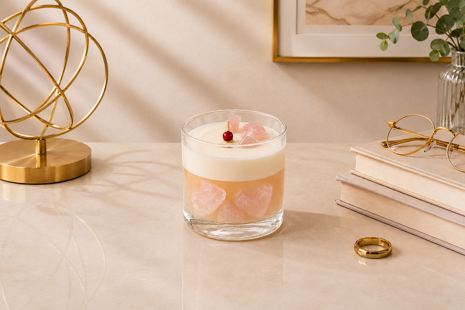 Vela Aromática Quartzo Rosa em recipiente de vidro transparente, composta por uma camada superior de cera cremosa e uma base em tom rosado com cristais decorativos de quartzo rosa. A vela está posicionada sobre uma superfície elegante em um ambiente sofisticado com livros, óculos dourados, vaso com folhagens e elementos decorativos em tons neutros, transmitindo delicadeza, aconchego e requinte.
