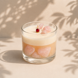 Vela Aromática Quartzo Rosa em copo de vidro transparente, com camada superior de cera branca cremosa e base rosada contendo cristais decorativos inspirados no quartzo rosa. A vela está posicionada sobre um fundo bege claro com sombras suaves de folhagens, criando uma composição minimalista, elegante e acolhedora.