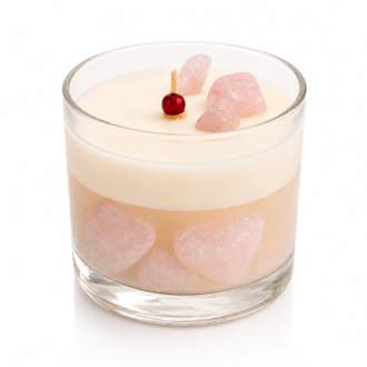 Vela Aromática Quartzo Rosa em copo de vidro transparente, composta por uma camada superior de cera branca cremosa e uma base rosada translúcida com pedras decorativas inspiradas no quartzo rosa. A vela está fotografada em fundo branco, destacando os detalhes delicados dos cristais e o acabamento sofisticado da peça.