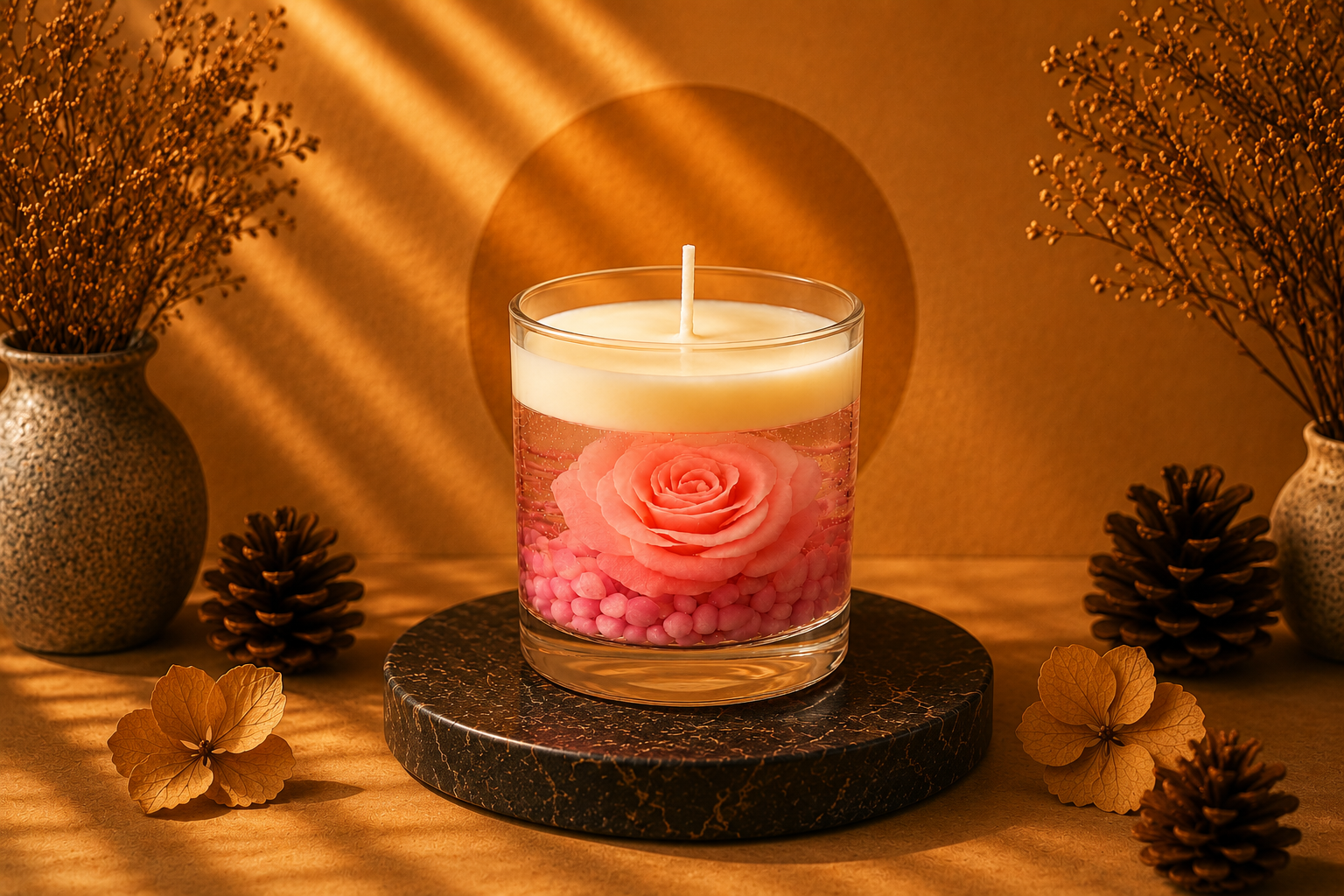 Vela Aromática Rosa Imersa em copo de vidro transparente, composta por uma delicada rosa rosa imersa em parafina em gel cristalina com pequenas pedras decorativas em tons rosados na base. A peça possui camada superior de cera branca e está apresentada sobre base de pedra escura em cenário sofisticado com iluminação quente e elementos decorativos elegantes.