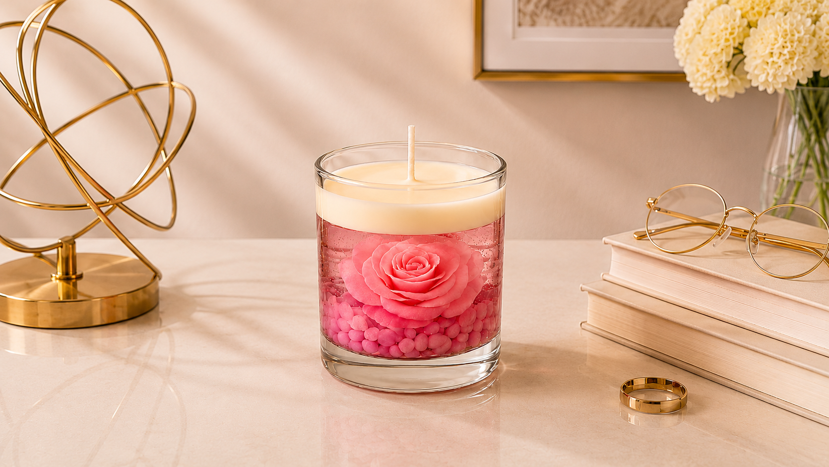Vela Aromática Rosa Imersa em copo de vidro transparente, contendo uma rosa rosa delicadamente preservada em parafina em gel cristalina, apoiada sobre pequenas pedras decorativas em tons rosados. A peça possui camada superior de cera branca e está apresentada em ambiente sofisticado com livros decorativos, elementos dourados e iluminação suave.