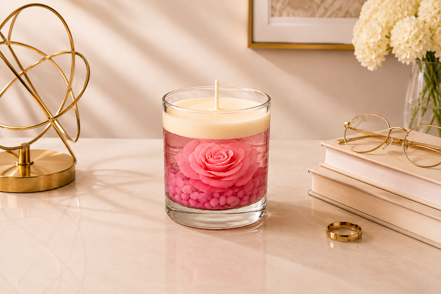 Vela Aromática Rosa Imersa em copo de vidro transparente, contendo uma rosa rosa delicadamente preservada em parafina em gel cristalina, apoiada sobre pequenas pedras decorativas em tons rosados. A peça possui camada superior de cera branca e está apresentada em ambiente sofisticado com livros decorativos, elementos dourados e iluminação suave.