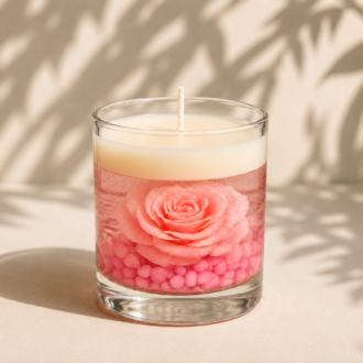 Vela Aromática Rosa Imersa em copo de vidro transparente, com uma rosa rosa preservada no interior de parafina em gel cristalina sobre pequenas pedras decorativas rosadas. A peça possui camada superior de cera branca e está apresentada em cenário minimalista com sombras suaves de folhagens, iluminação natural delicada e atmosfera elegante.