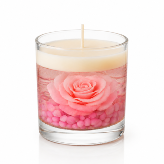 Vela Aromática Rosa Imersa em copo de vidro transparente, contendo uma rosa rosa preservada no interior de parafina em gel cristalina sobre pequenas pedras decorativas rosadas. A peça possui camada superior de cera branca e está apresentada em fundo branco, destacando seus detalhes artesanais e acabamento sofisticado.