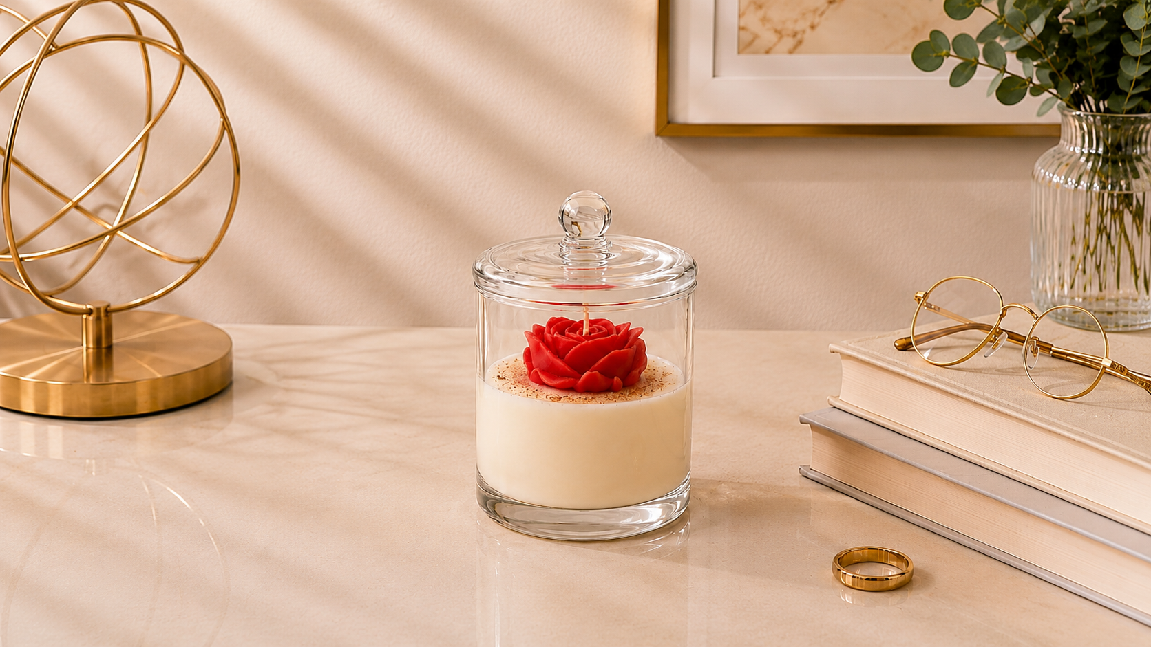 Vela Cúpula Rosa Vermelha artesanal apresentada em recipiente de vidro transparente com tampa de vidro elegante. No centro da composição há uma rosa vermelha esculpida em cera sobre uma base de cera clara, criando um visual delicado e sofisticado. A peça está posicionada sobre uma superfície clara em ambiente decorado com livros, objeto metálico dourado, óculos e elementos naturais ao fundo.