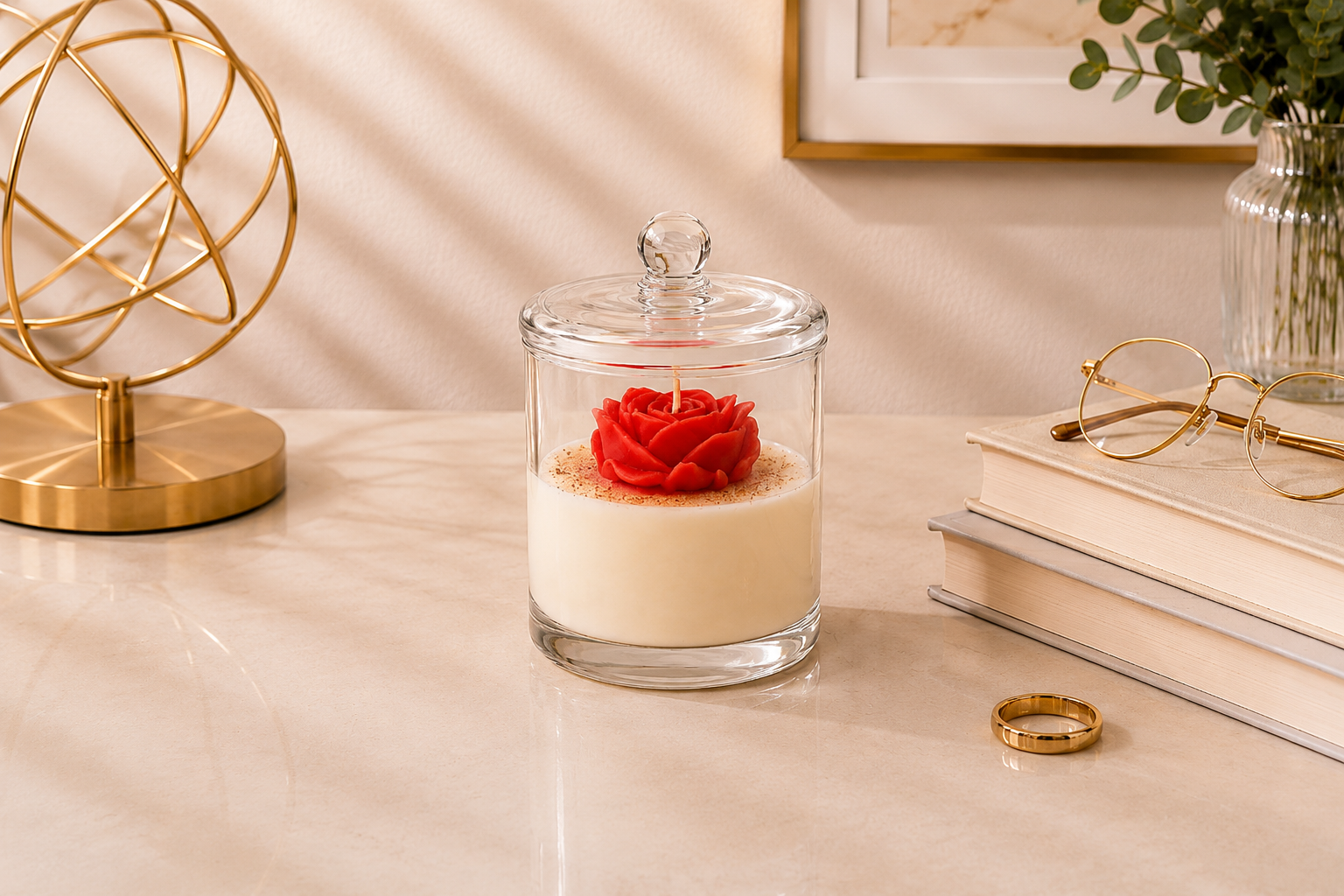 Vela Cúpula Rosa Vermelha artesanal apresentada em recipiente de vidro transparente com tampa de vidro elegante. No centro da composição há uma rosa vermelha esculpida em cera sobre uma base de cera clara, criando um visual delicado e sofisticado. A peça está posicionada sobre uma superfície clara em ambiente decorado com livros, objeto metálico dourado, óculos e elementos naturais ao fundo.