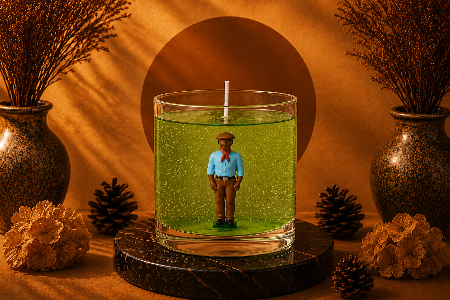 Vela em Gel Boiadeiro artesanal em recipiente de vidro transparente com gel verde, contendo a figura de um Boiadeiro em seu interior, apresentada em cenário sofisticado com iluminação quente, base de mármore escuro, flores secas e pinhas decorativas.