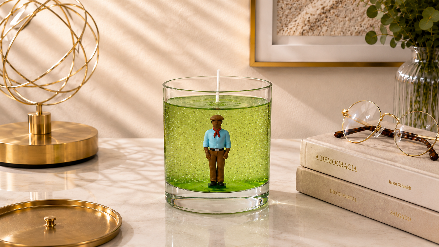 Vela em Gel Boiadeiro artesanal em recipiente de vidro transparente com gel verde, contendo a figura de um Boiadeiro em seu interior, fotografada em ambiente elegante com livros decorativos, elementos dourados e iluminação natural suave.