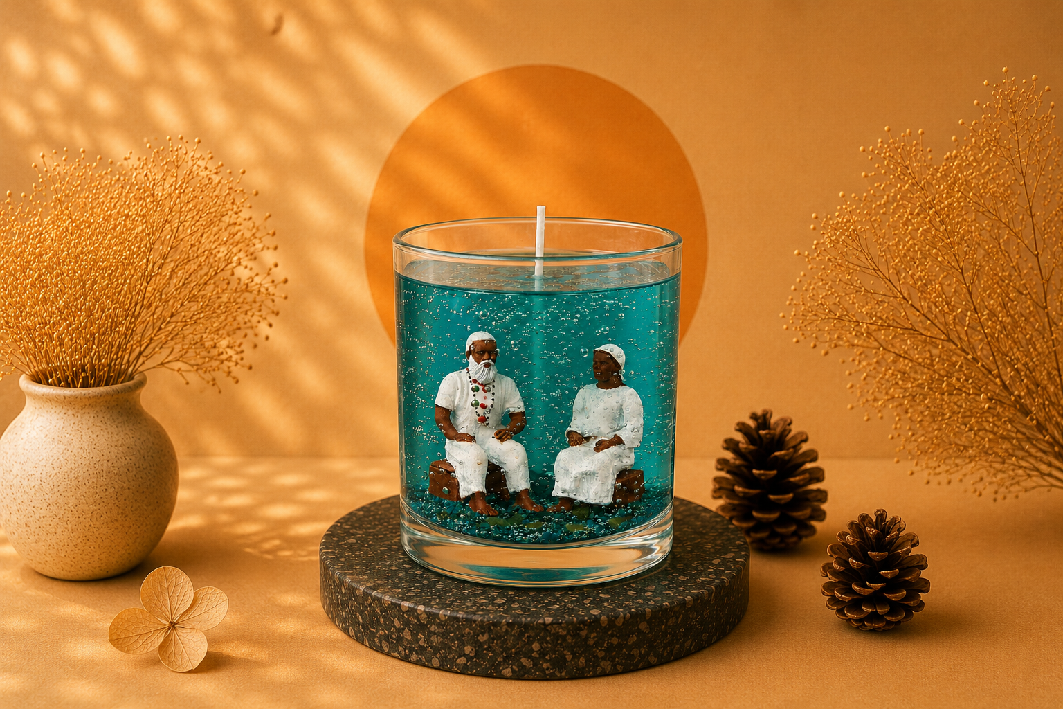 Vela em Gel Casal Preto Velho artesanal em vidro transparente com parafina em gel azul e miniaturas de Preto Velho e Preta Velha ao centro, apresentada em cenário acolhedor com iluminação quente e elementos decorativos naturais.