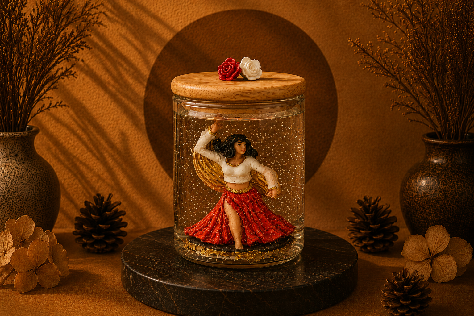Vela artesanal em gel transparente com figura de Cigana vestindo saia vermelha e blusa branca, posicionada no interior de um pote de vidro com tampa de madeira decorada por duas rosas. A composição apresenta fundo em tons quentes, base de pedra escura e elementos decorativos que valorizam a elegância e o simbolismo da peça.