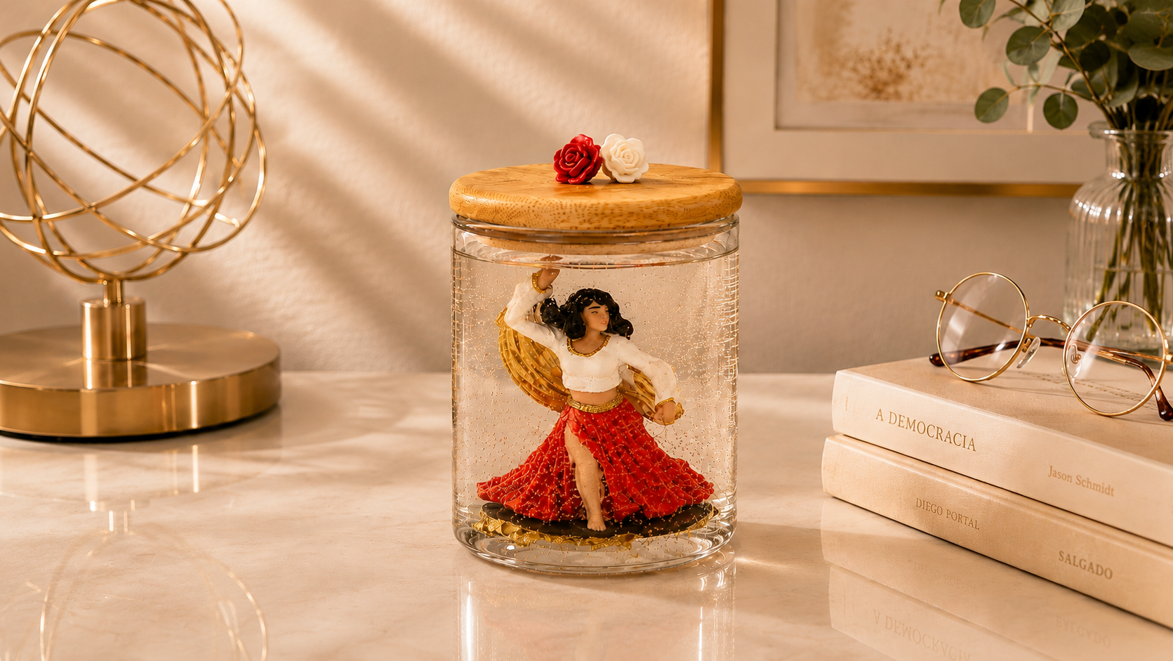 Vela artesanal em gel transparente com figura de Cigana dançando, vestida com saia vermelha e blusa branca, posicionada no interior de um recipiente de vidro com tampa de madeira decorada por duas rosas. A composição está sobre uma mesa clara com elementos sofisticados ao redor, transmitindo elegância, prosperidade e charme.