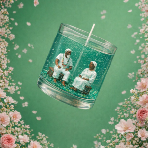 Vela em gel azul-turquesa com miniaturas de casal de Pretos Velhos em recipiente de vidro transparente.