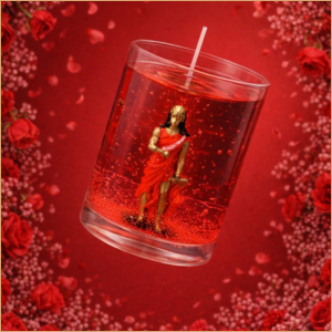 Vela em gel vermelha com imagem de Iansã em recipiente de vidro transparente e efeito cristalino decorativo.