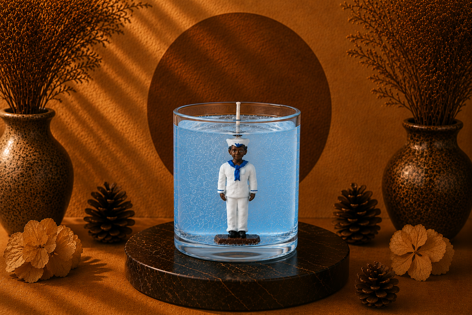 Vela artesanal em gel transparente azul-claro com figura de Marinheiro em uniforme branco e azul posicionada no interior de um recipiente de vidro cilíndrico. A composição apresenta acabamento delicado e sofisticado, inspirada na serenidade do mar e na proteção espiritual associada aos Marinheiros.