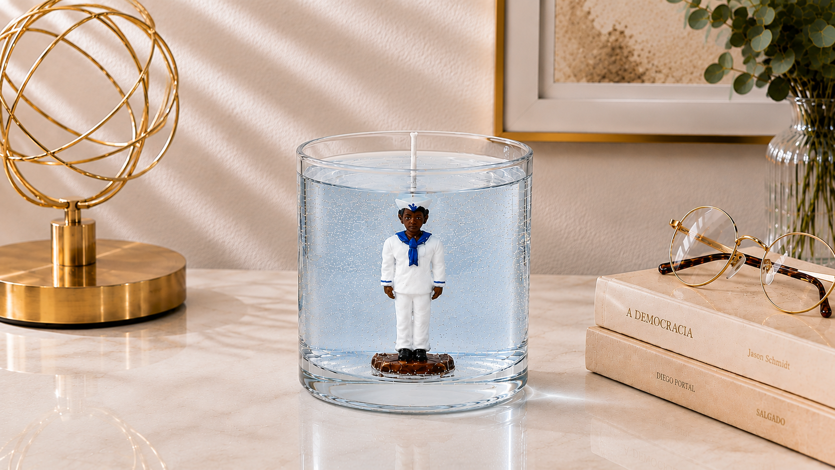 Vela artesanal em gel transparente azul-claro com figura de Marinheiro em uniforme branco e azul posicionada no centro do recipiente de vidro. A peça está ambientada em um cenário elegante com elementos dourados, livros decorativos e iluminação suave, transmitindo serenidade e sofisticação.