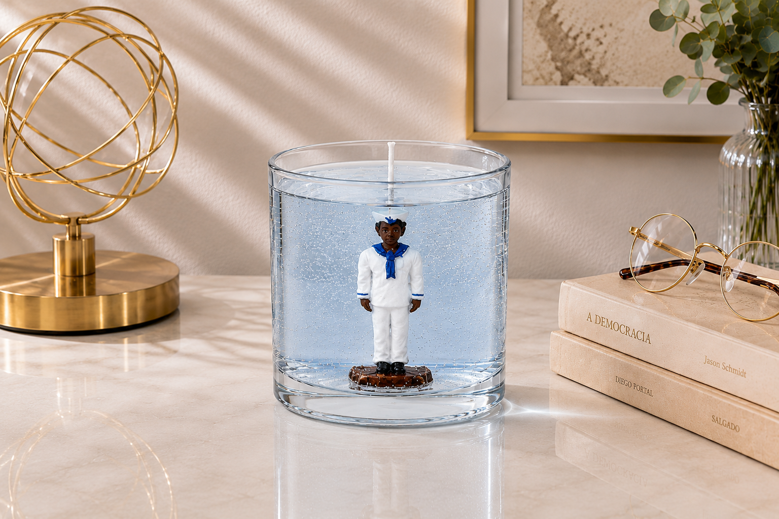 Vela artesanal em gel transparente azul-claro com figura de Marinheiro em uniforme branco e azul posicionada no centro do recipiente de vidro. A peça está ambientada em um cenário elegante com elementos dourados, livros decorativos e iluminação suave, transmitindo serenidade e sofisticação.