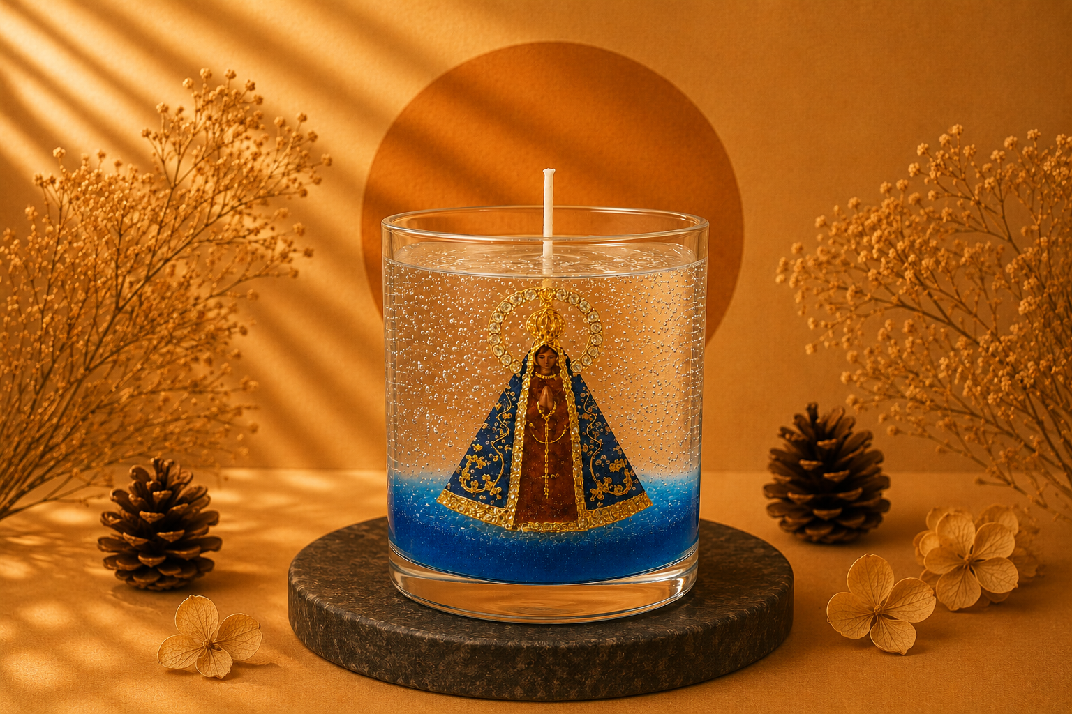 Vela em Gel Nossa Senhora Aparecida artesanal em copo de vidro transparente. A composição apresenta a imagem de Nossa Senhora Aparecida ao centro, envolvida por parafina em gel cristalina com delicadas bolhas decorativas e base azul vibrante. A vela está posicionada sobre uma elegante base de pedra escura em um cenário sofisticado com tons dourados, flores secas, pinhas decorativas e iluminação quente, transmitindo fé, proteção e serenidade.
