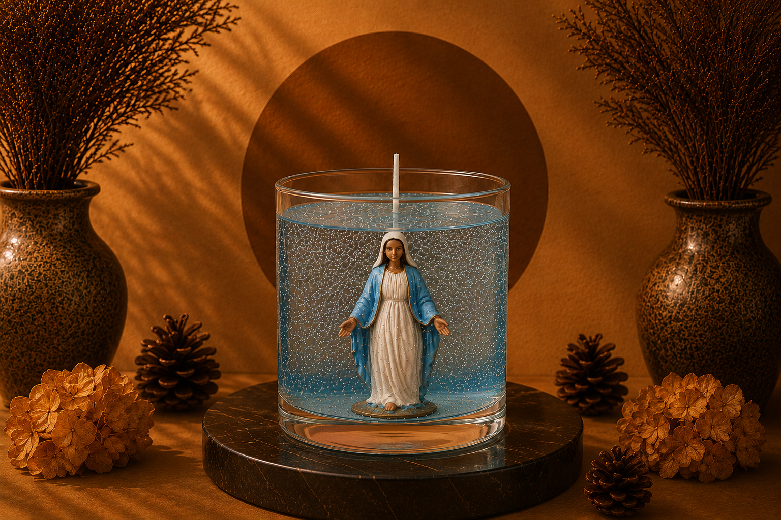 Vela em Gel Nossa Senhora das Graças artesanal em recipiente de vidro transparente, com imagem de Nossa Senhora das Graças em seu interior, apresentada em cenário elegante com iluminação quente, base de mármore escuro, flores secas e elementos decorativos sofisticados.