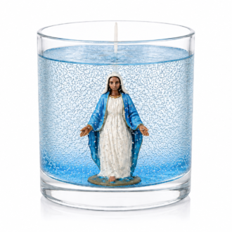 Vela em Gel Nossa Senhora das Graças artesanal em recipiente de vidro transparente com gel azul, contendo a imagem de Nossa Senhora das Graças em seu interior, fotografada sobre fundo branco em estilo catálogo de produto.