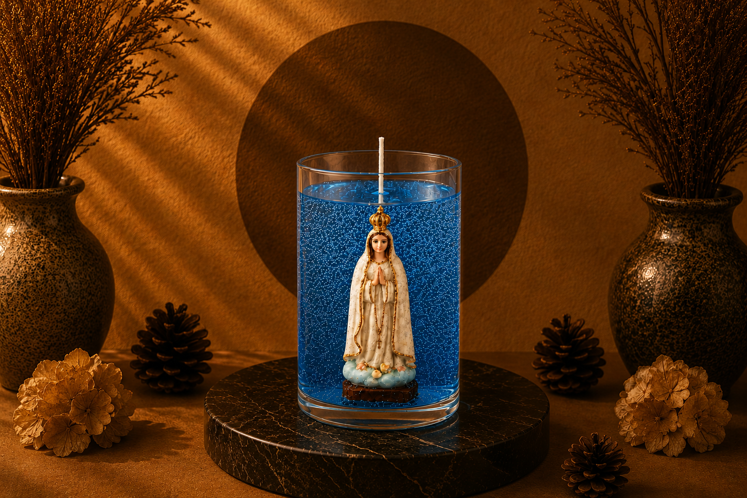 Vela em gel azul transparente com microbolhas decorativas em recipiente cilíndrico de vidro. No interior da peça encontra-se uma imagem de Nossa Senhora de Fátima com vestes brancas, detalhes dourados e mãos unidas em oração. A vela está posicionada sobre uma base escura em cenário decorativo com iluminação quente, vasos ornamentais, pinhas e flores secas, criando uma atmosfera elegante, acolhedora e religiosa.