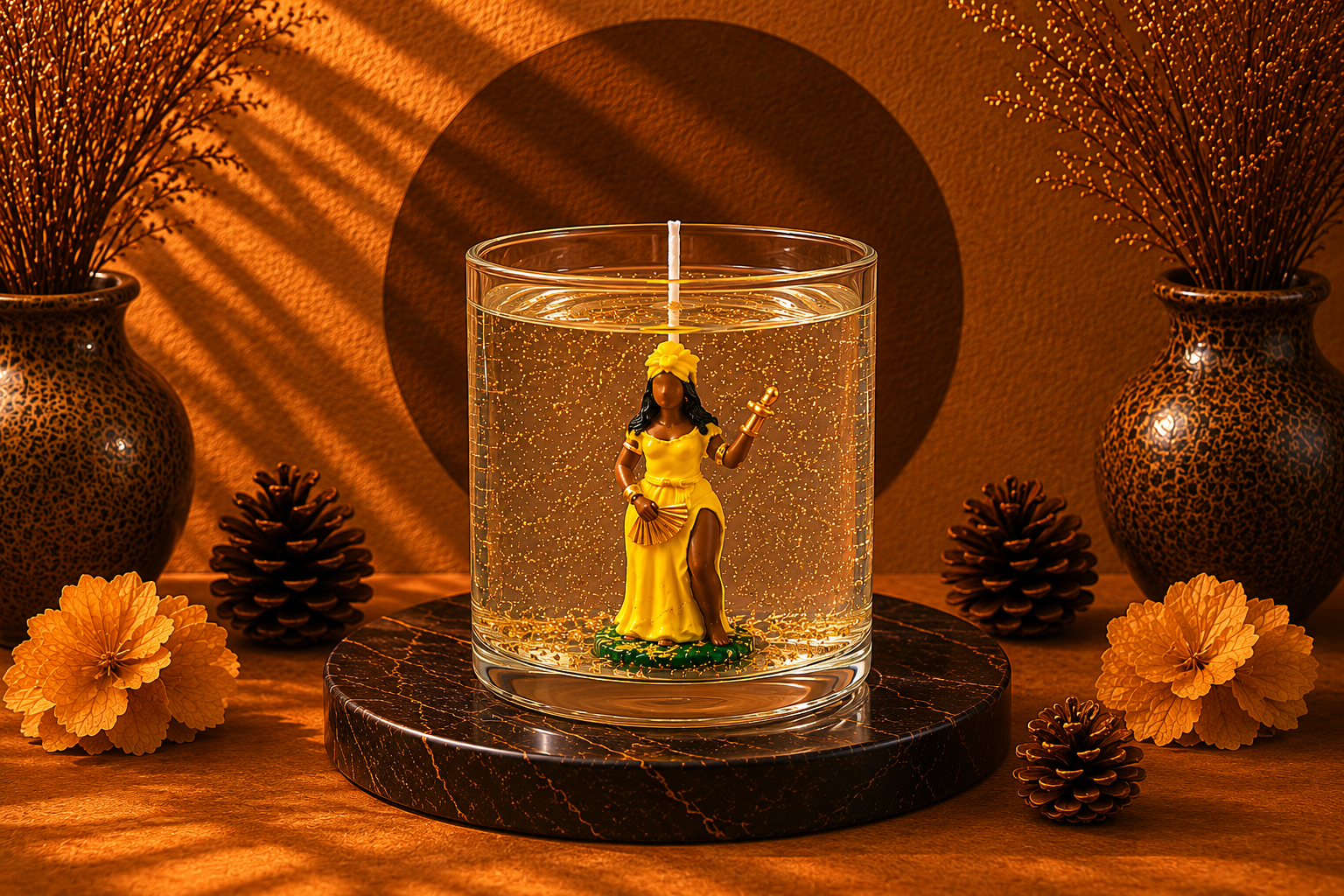 Vela artesanal em gel transparente com imagem de Oxum vestida de amarelo e dourado, posicionada sobre uma base escura em ambiente decorativo sofisticado. A composição apresenta iluminação quente, elementos naturais e detalhes dourados que reforçam a atmosfera de prosperidade, elegância e espiritualidade.