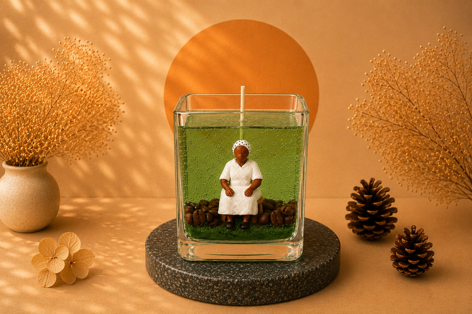 Vela em Gel Preta Velha artesanal em recipiente de vidro quadrado transparente, com parafina em gel verde, miniatura de Preta Velha e detalhes decorativos de grãos de café, apresentada em cenário acolhedor com iluminação quente.