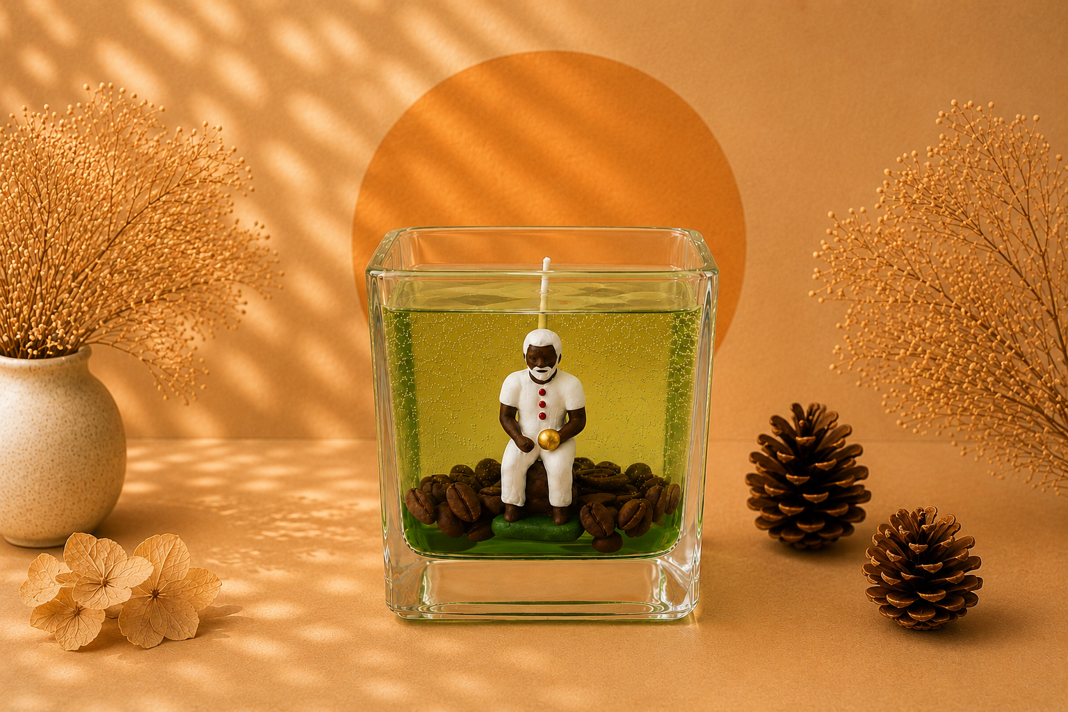 Vela em Gel Preto Velho artesanal em recipiente de vidro quadrado transparente, com parafina em gel verde translúcida, miniatura de Preto Velho e detalhes de grãos de café, apresentada em cenário acolhedor com iluminação quente e elementos naturais.