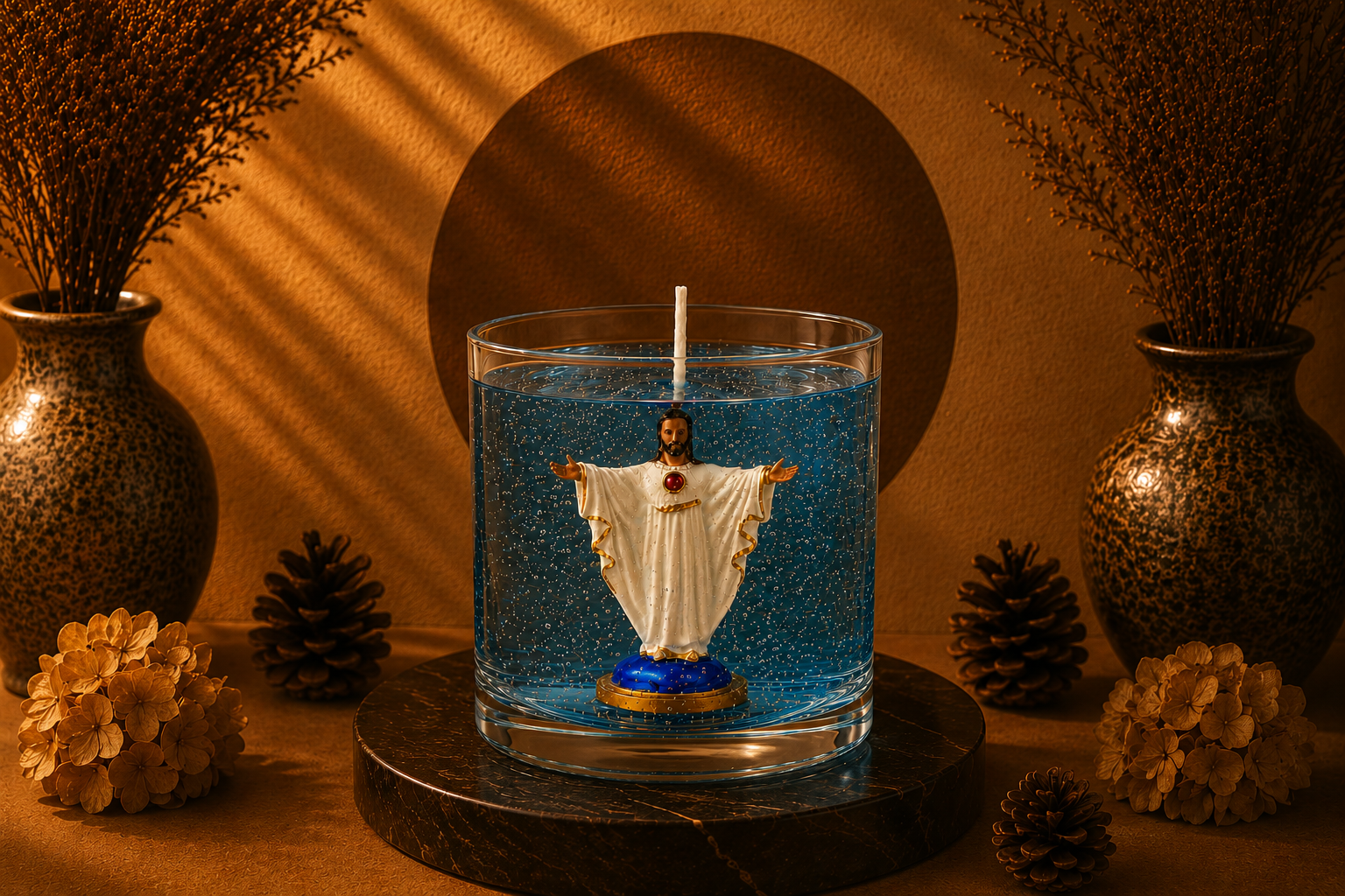 Vela em gel azul transparente com microbolhas decorativas, acondicionada em recipiente cilíndrico de vidro. No centro da peça encontra-se uma miniatura do Sagrado Coração de Jesus com vestes brancas e braços abertos, posicionada sobre base azul e dourada. A vela está sobre uma base escura em ambiente decorativo com iluminação quente, vasos ornamentais, pinhas e flores secas ao fundo, destacando o caráter religioso e artesanal da peça.
