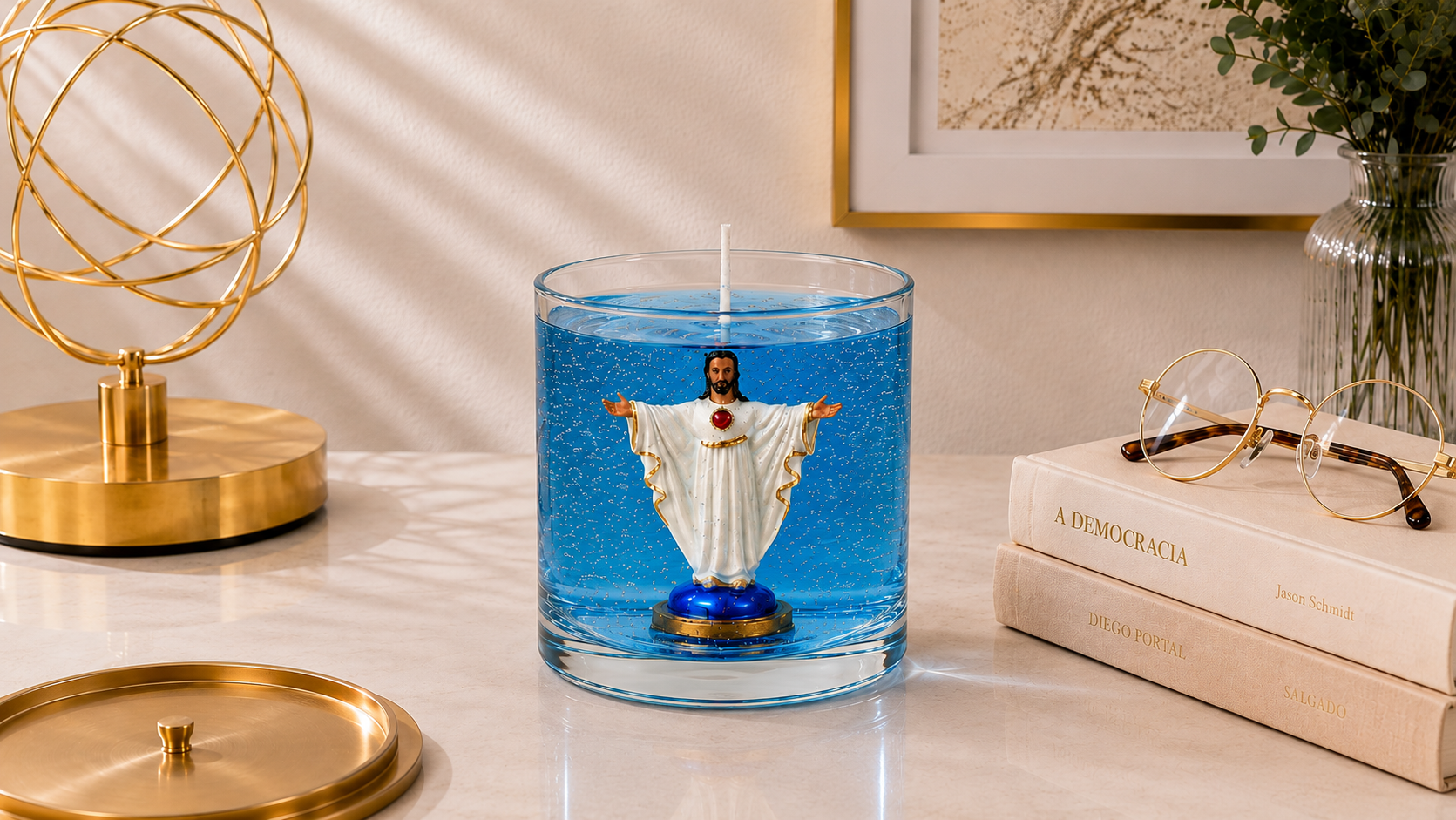Vela em gel azul transparente com microbolhas decorativas, acondicionada em recipiente cilíndrico de vidro. No centro da peça encontra-se uma miniatura do Sagrado Coração de Jesus com vestes brancas e detalhes dourados, braços abertos e coração vermelho destacado no peito. A vela está posicionada sobre uma superfície clara em ambiente decorativo sofisticado, com objetos dourados, livros, óculos e elementos ornamentais ao fundo, evidenciando o caráter artesanal e religioso da peça.