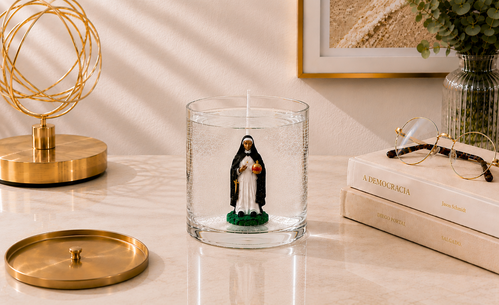 Vela em Gel Santa Edwiges artesanal em recipiente de vidro transparente, com delicada imagem de Santa Edwiges no interior, fotografada em ambiente sofisticado com elementos decorativos dourados e iluminação natural suave.