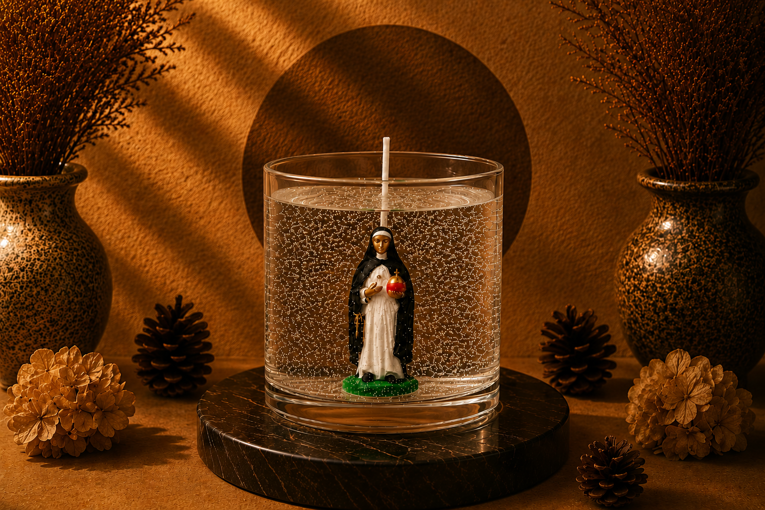 Vela em Gel Santa Edwiges artesanal em recipiente de vidro transparente, com imagem de Santa Edwiges no interior, fotografada sobre base de mármore escuro em ambiente decorativo com iluminação quente e sofisticada.