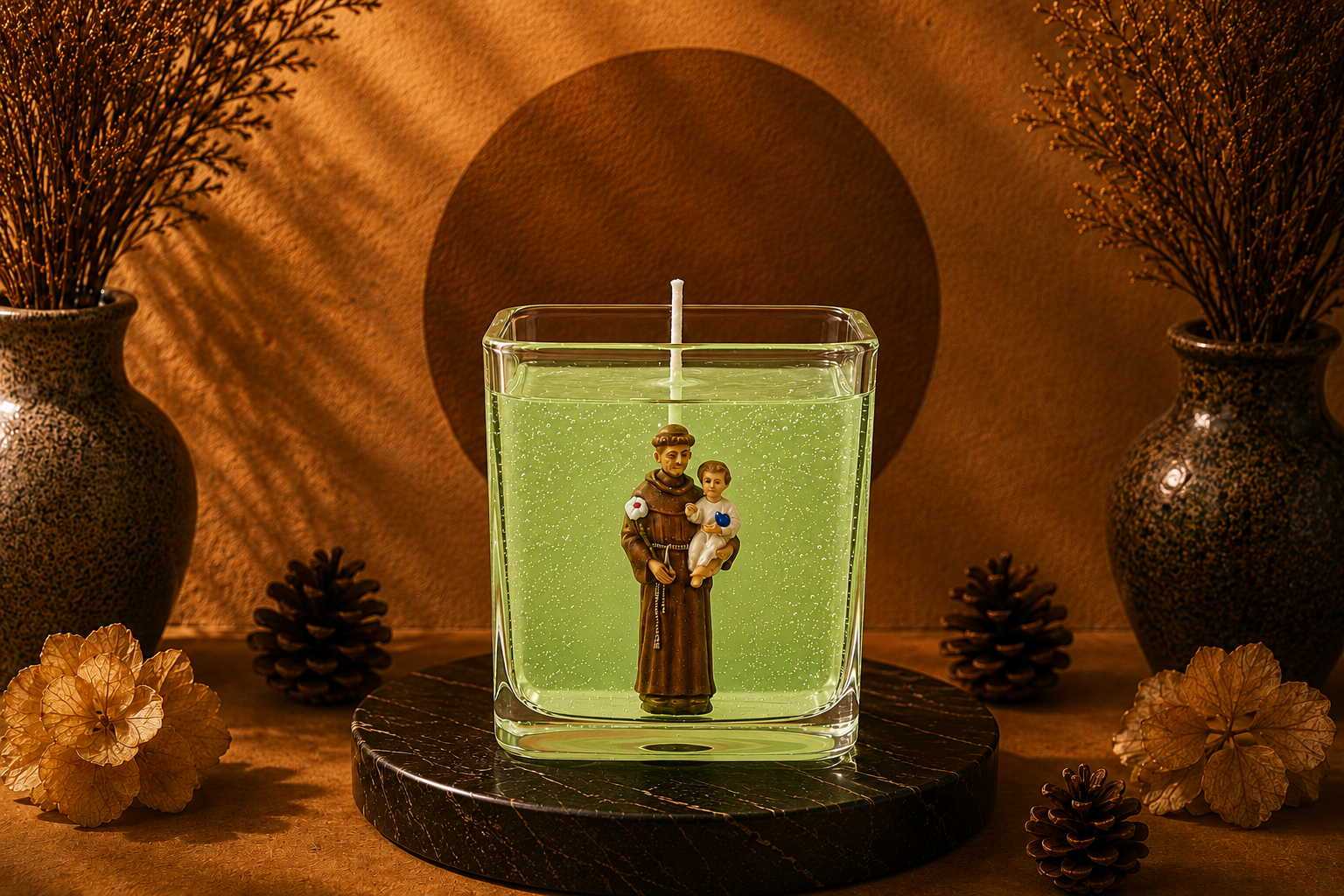 Vela em gel verde transparente com microbolhas decorativas em recipiente quadrado de vidro. No interior encontra-se uma imagem de Santo Antônio segurando o Menino Jesus. A vela está posicionada sobre uma base escura em ambiente decorativo com iluminação quente, flores secas e elementos naturais, transmitindo fé, acolhimento e elegância.