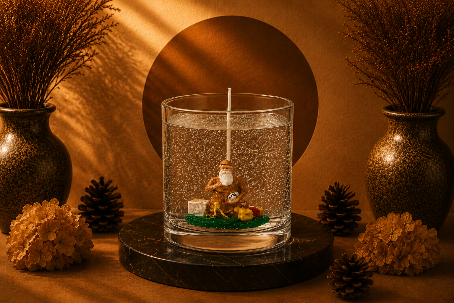 Vela em Gel Xangô artesanal em recipiente de vidro transparente, com imagem decorativa de Xangô no interior, apresentada em composição elegante com iluminação quente, base de mármore escuro, pinhas e elementos decorativos em tons terrosos.